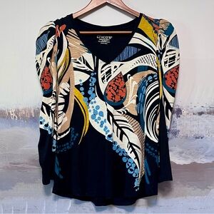 CHICO'S Womens 1 /M Pullover Top Abstract Puff Sleeve Colorful Artsy Long Sleeve